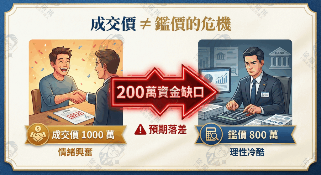 買房成交價與銀行鑑價落差導致自備款增加的示意圖