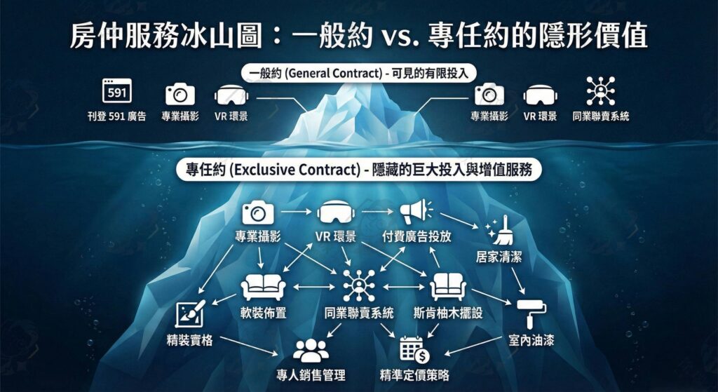 專任委託房仲願意投入的多元行銷資源與廣告預算冰山圖