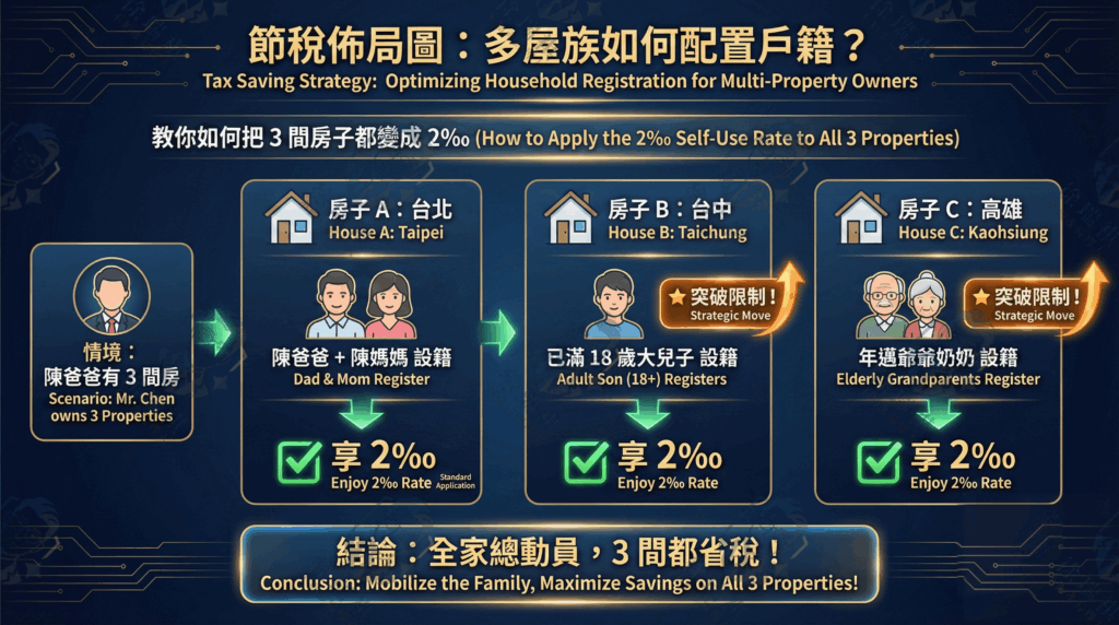 多屋族地價稅戶籍配置節稅策略示意圖