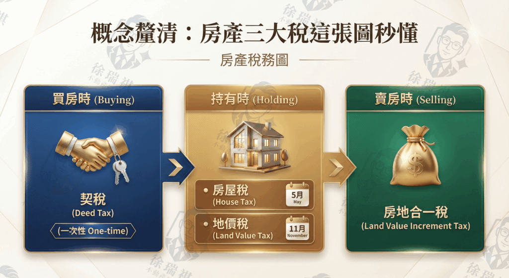 房產稅制比較圖：契稅、房屋稅、地價稅與房地合一稅繳納時機說明